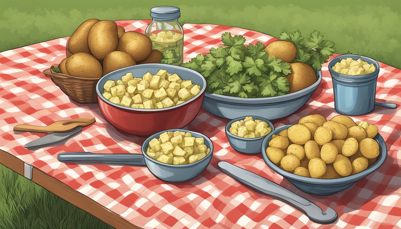 A picnic table set with a checkered tablecloth, a bowl of Texas German potato salad, and a pair of tongs