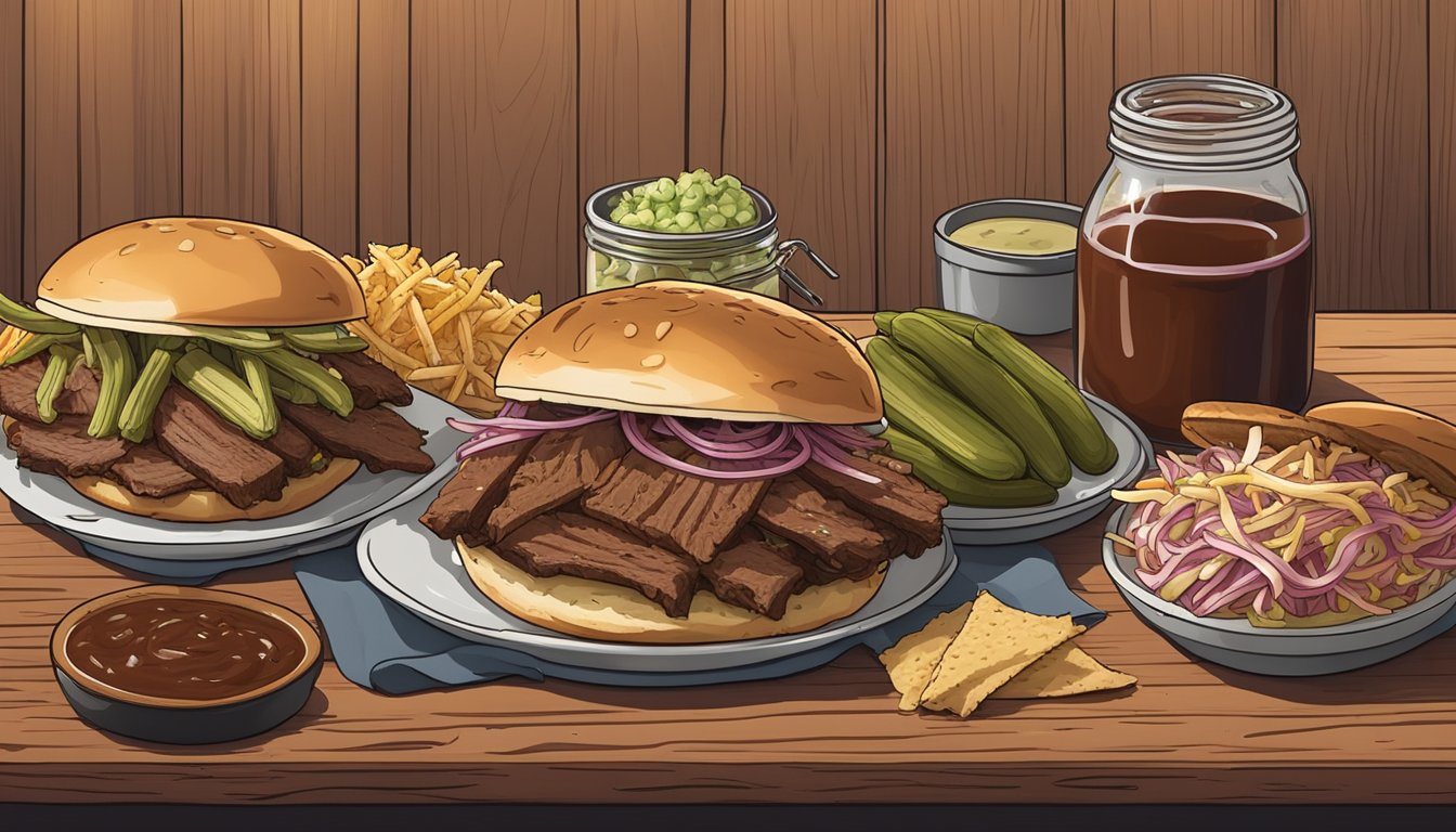 A rustic wooden table with a platter of Texas crockpot brisket sandwiches, surrounded by pickles, coleslaw, and a side of barbecue sauce