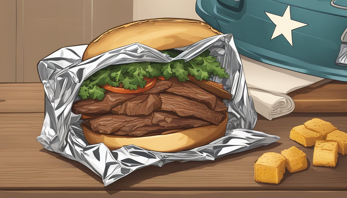 A Texas crockpot brisket sandwich being wrapped in foil for storage