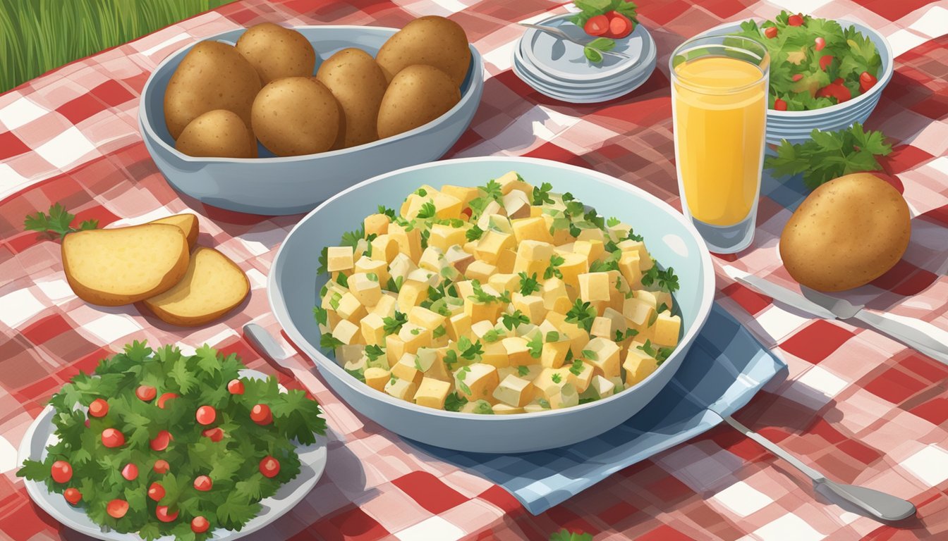 A picnic table with a checkered tablecloth set for a celebration, featuring a bowl of Texas German potato salad surrounded by festive decorations