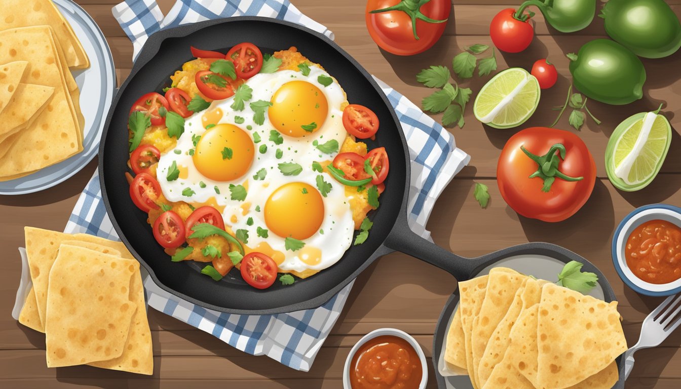 A sizzling skillet with eggs, tomatoes, peppers, and cheese, surrounded by tortillas and a side of salsa