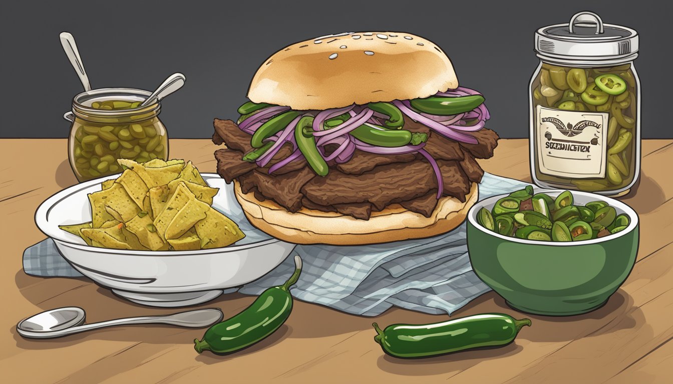 A slow cooker with a Texas brisket sandwich, surrounded by ingredients like pickles, onions, and jalapenos, with a sign indicating "Special Dietary Considerations."