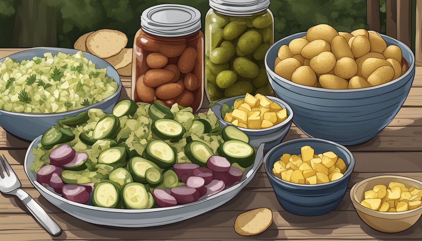 A picnic table set with a bowl of Texas German potato salad surrounded by jars of pickles and preserves