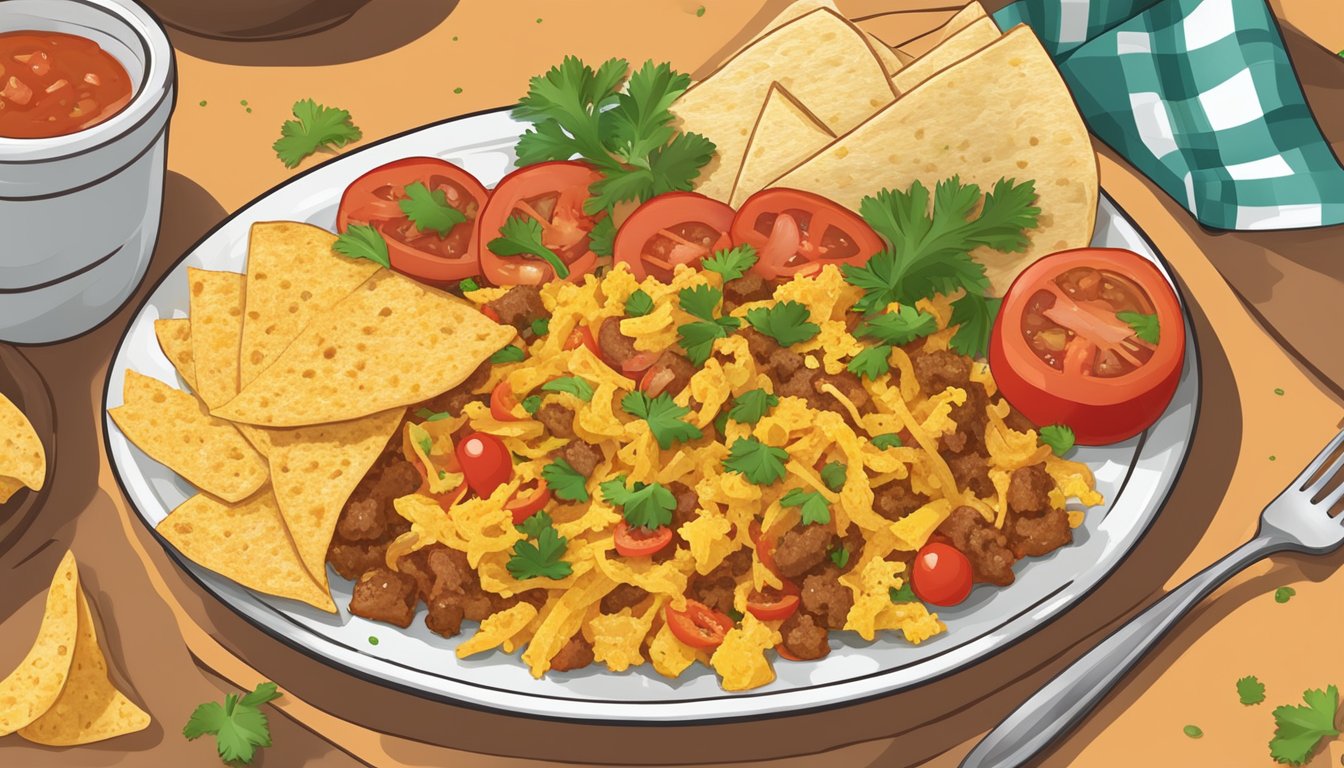 A plate of Texas migas with scrambled eggs, tomatoes, onions, peppers, and tortilla strips, garnished with cilantro and served with a side of salsa