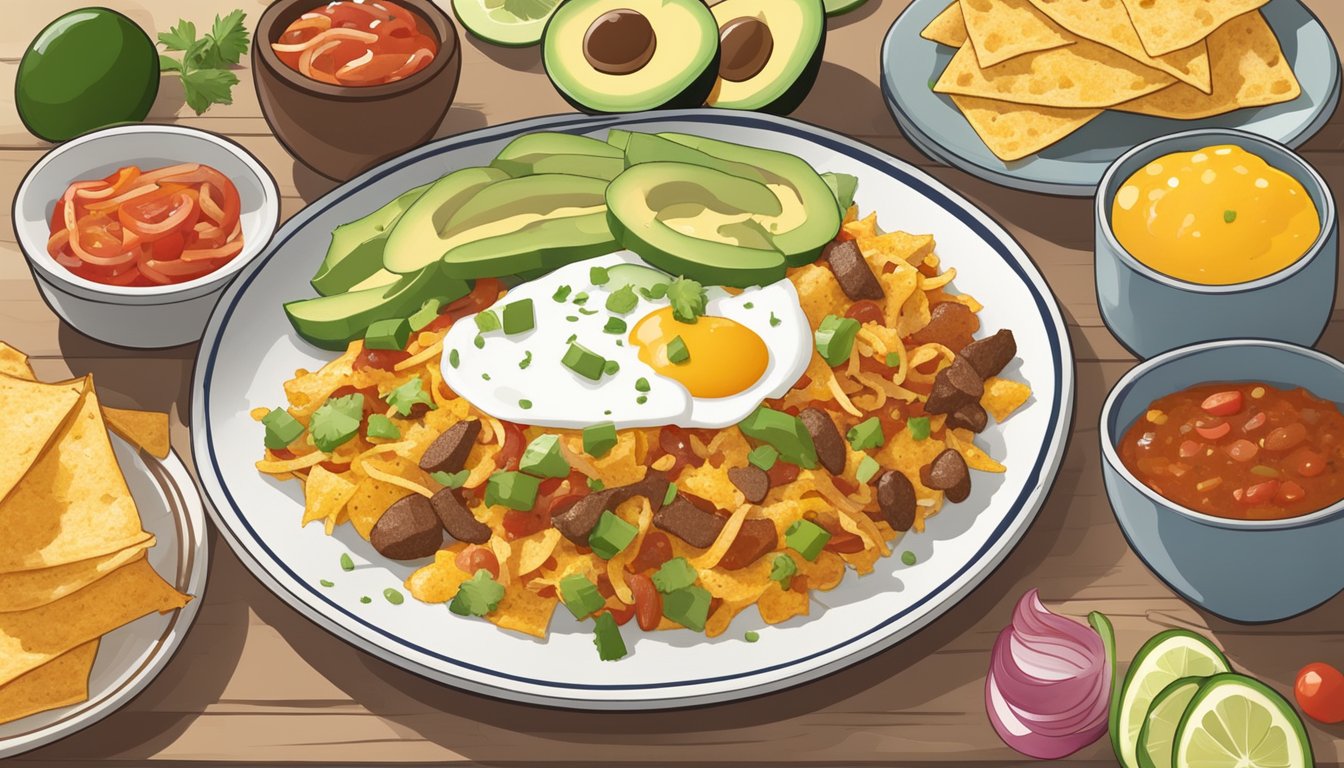 A plate of Texas migas surrounded by ingredients such as eggs, tortilla strips, tomatoes, onions, and jalapeños, with a side of salsa and avocado slices