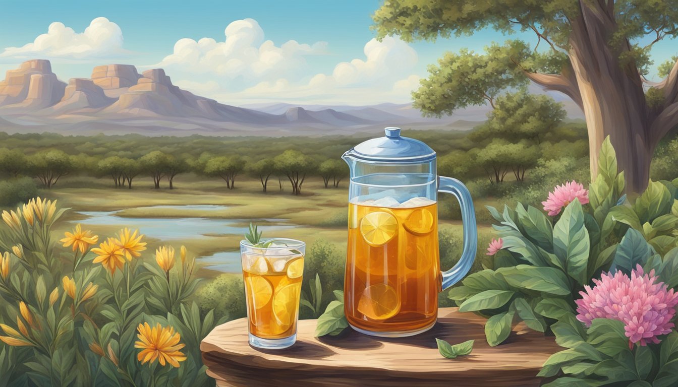 A rustic Texan landscape with a pitcher of iced tea, surrounded by native flora and fauna