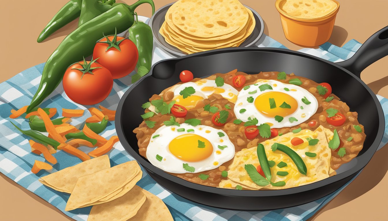 A skillet sizzling with eggs, tortilla strips, tomatoes, and green chilies, with a side of refried beans and warm tortillas