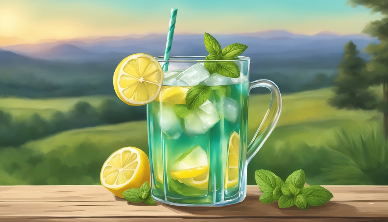 A tall glass filled with iced tea, lemon slices, and a sprig of mint, set against a backdrop of a rustic Texas landscape