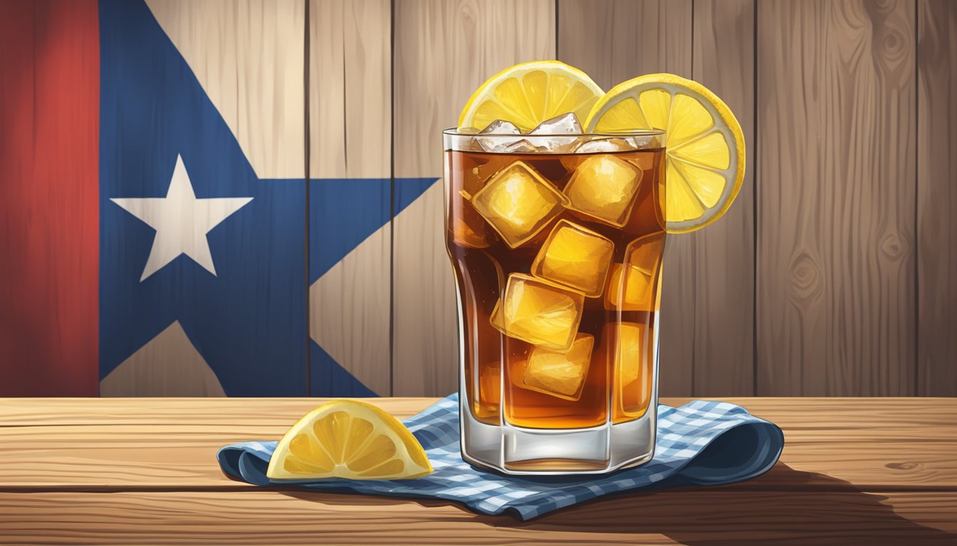 A tall glass of iced tea with a slice of lemon, served on a rustic wooden table with a Texas flag draped in the background