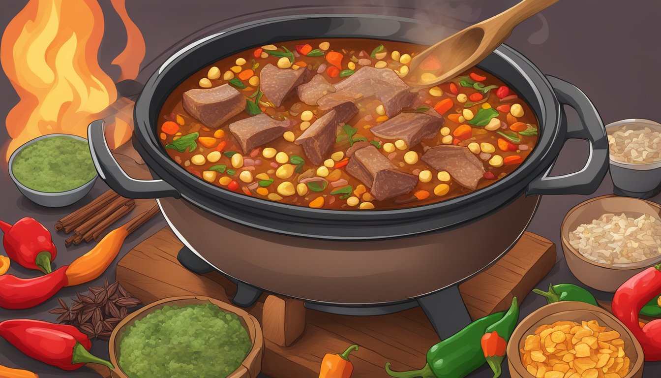 A steaming pot of pork posole simmers over a crackling fire, surrounded by colorful dried chilies and aromatic spices