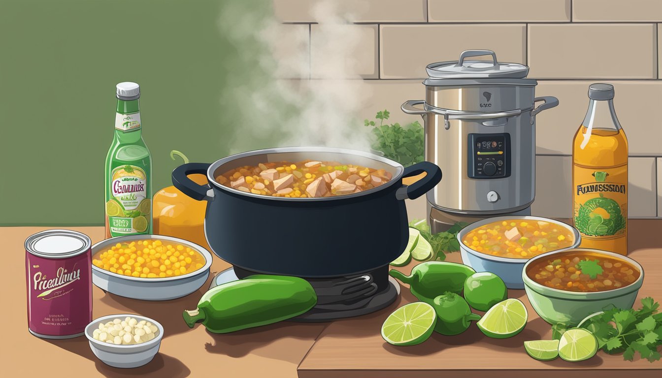 A steaming pot of pork posole simmers on a stovetop, surrounded by cans of hominy, green chilies, and spices. Chopped cilantro and lime wedges sit nearby