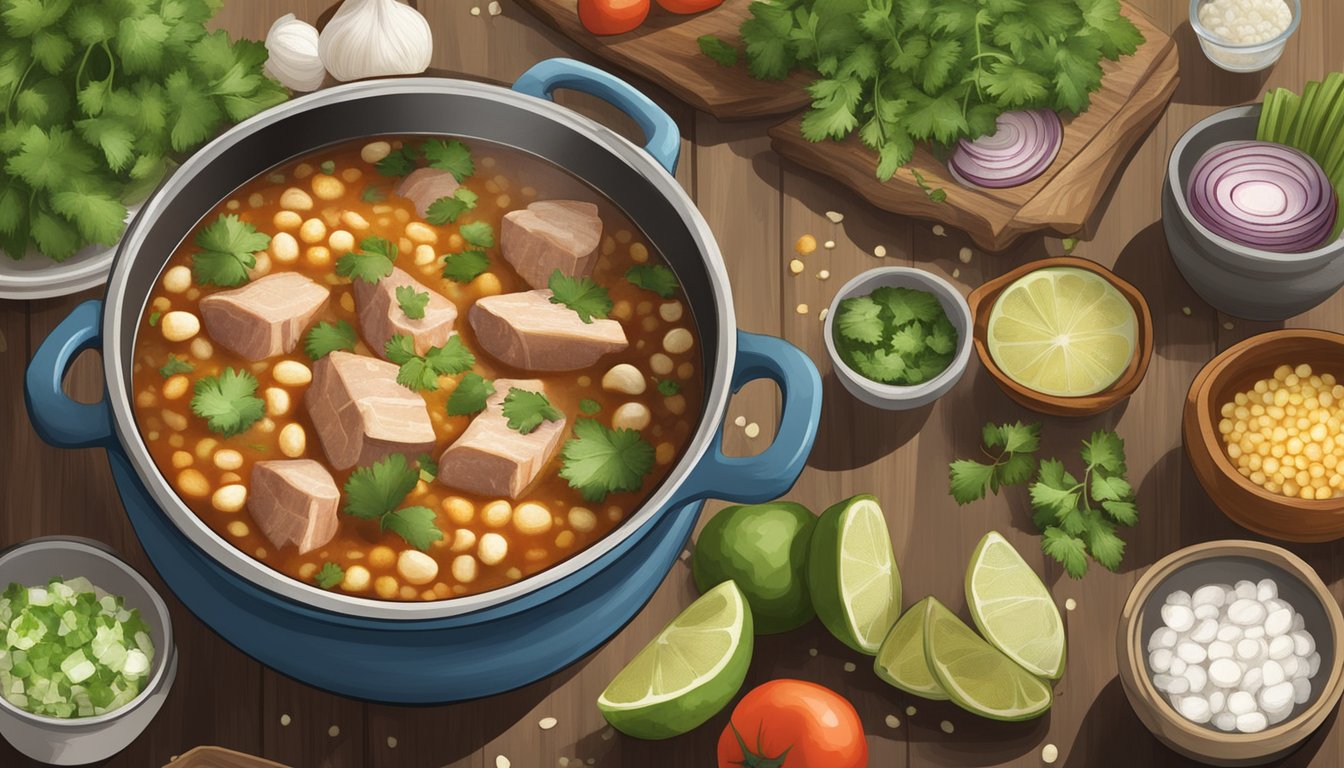 A rustic kitchen with a bubbling pot of pork posole surrounded by fresh ingredients like hominy, chilies, and cilantro