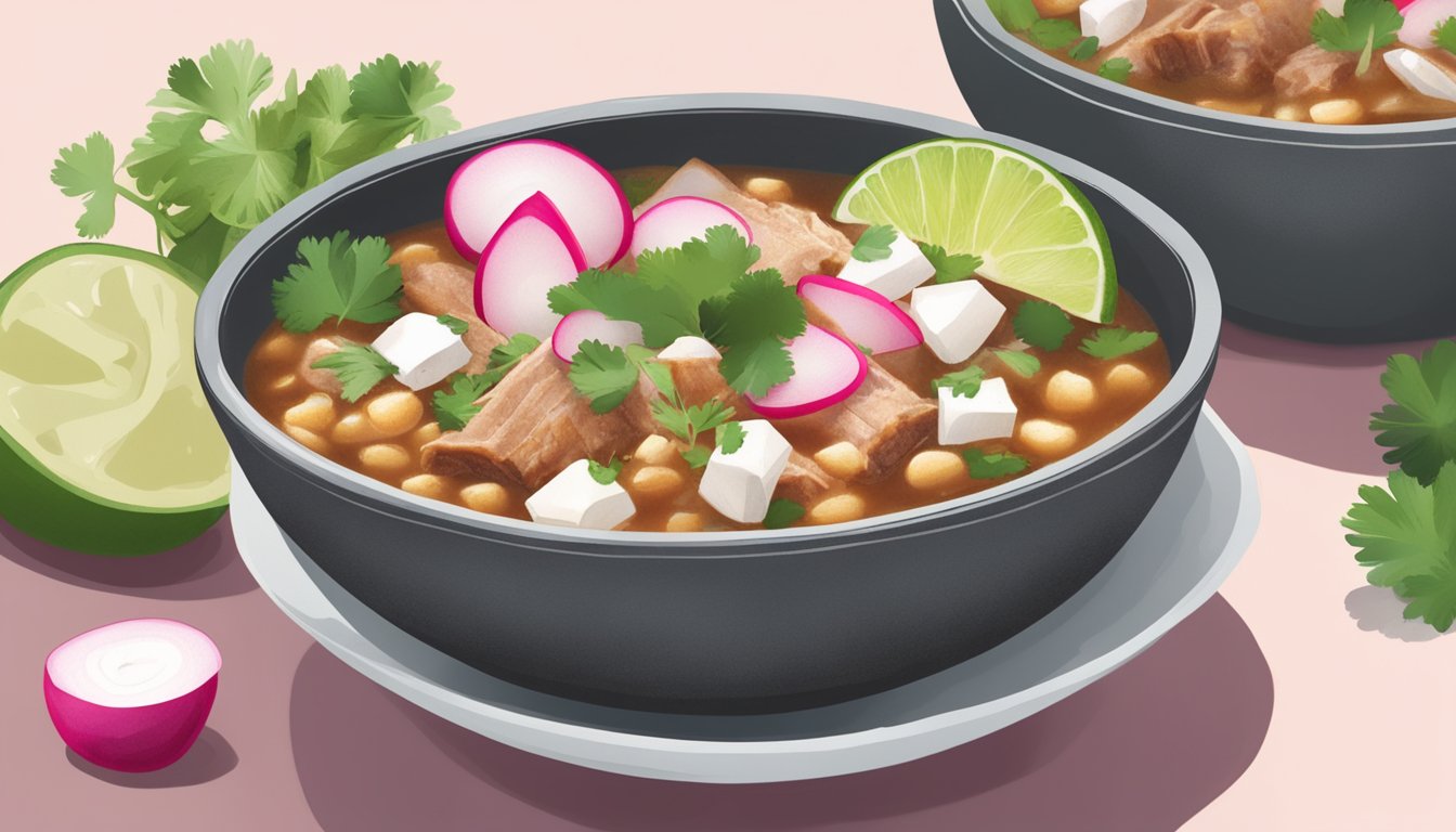 A steaming bowl of Texas pork posole topped with sliced radishes, cilantro, and a squeeze of lime