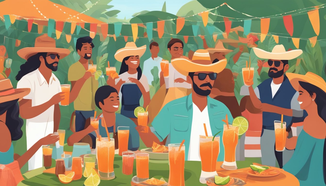 A festive outdoor gathering with people enjoying Micheladas, accompanied by colorful decorations and traditional Mexican music