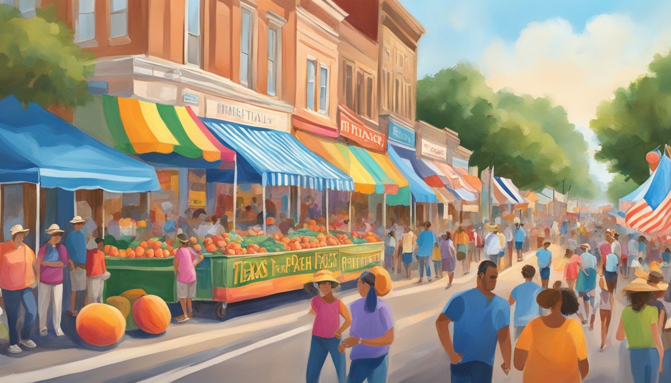 Colorful floats parade down Main Street at the Texas Peach Festival, with vendors selling fresh peaches and lively music filling the air