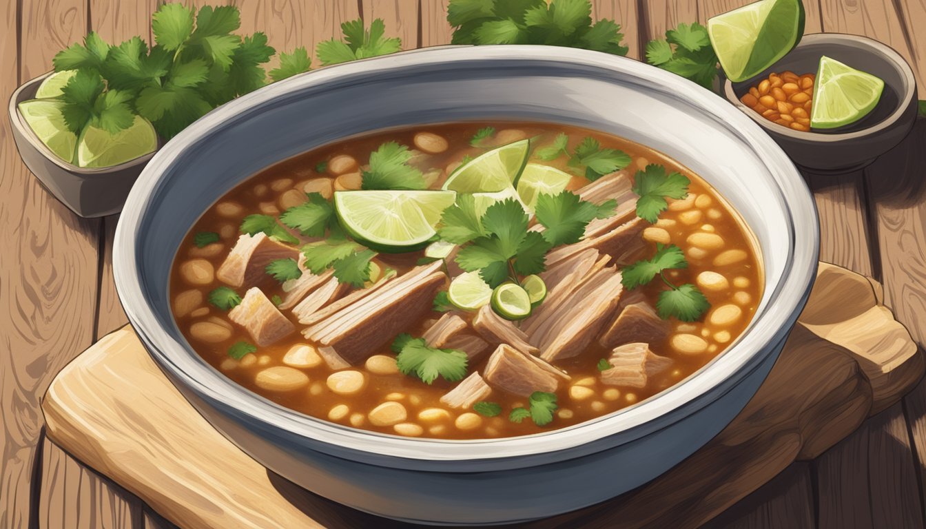 A steaming bowl of Texas pork posole, garnished with fresh cilantro and a slice of lime, sits on a rustic wooden table