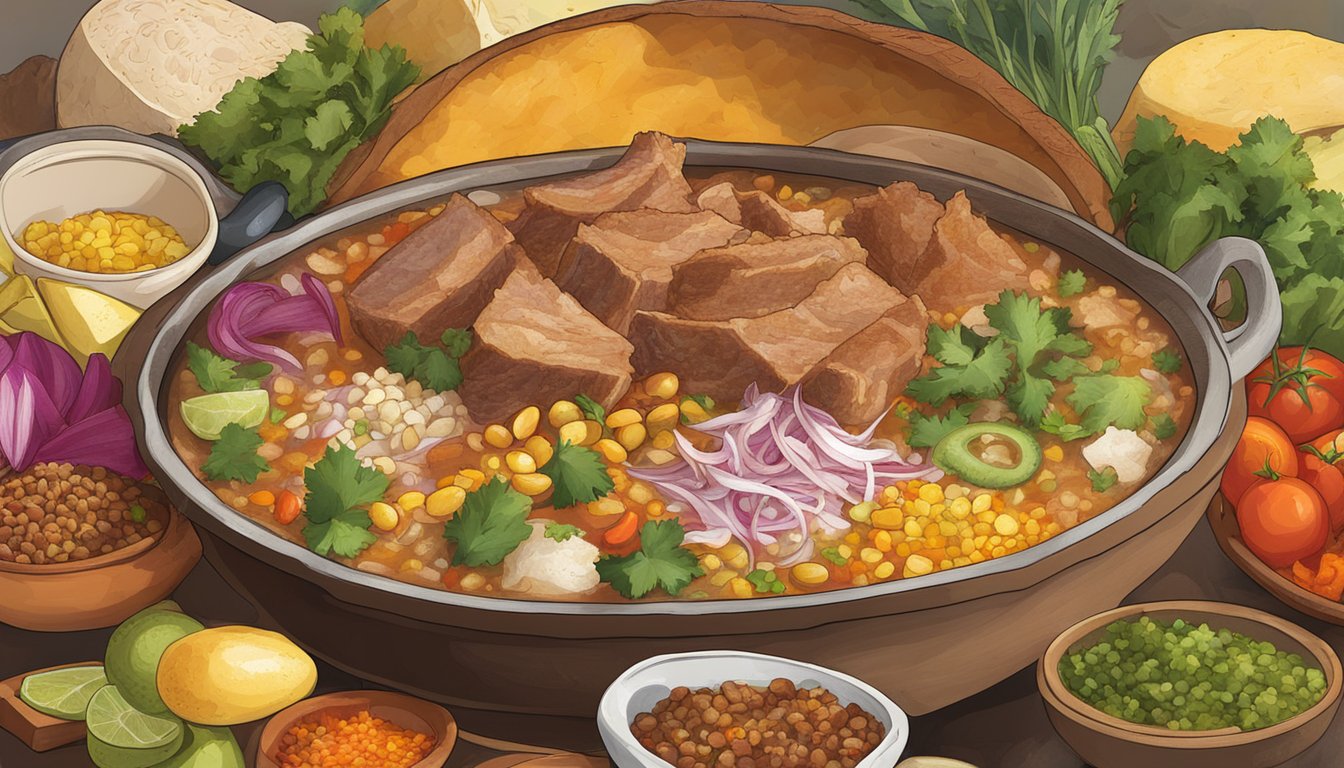 A steaming pot of Texas pork posole surrounded by colorful regional ingredients and spices