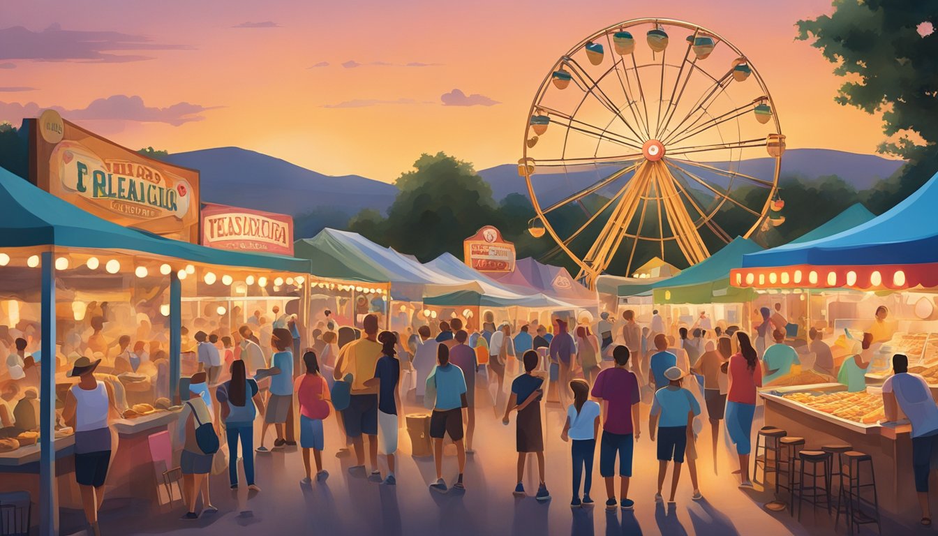 Crowds gather around food vendors and craft booths at the Texas Peach Festival, while live music fills the air. The sun sets behind a Ferris wheel, casting a warm glow over the festivities