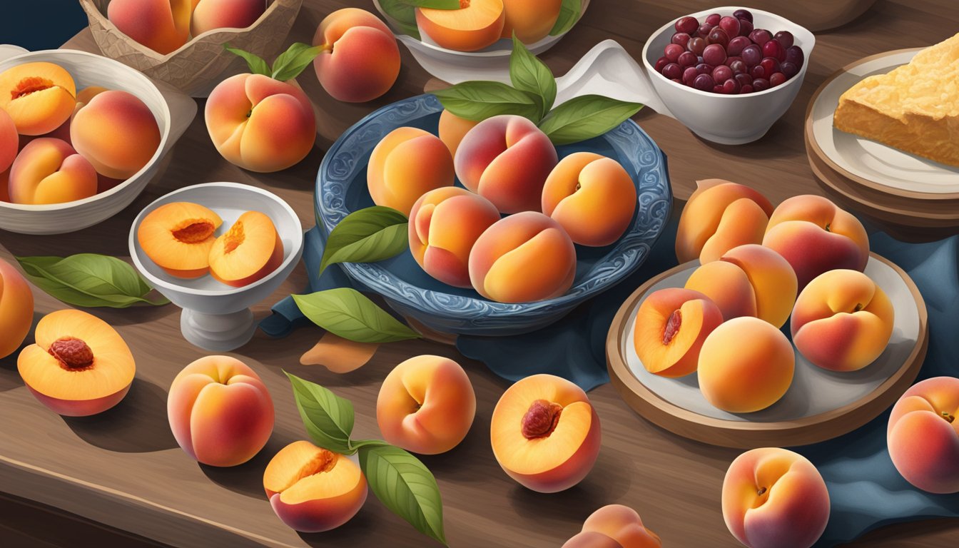 A colorful array of ripe peaches displayed on a table at the Texas Peach Festival, surrounded by various culinary creations showcasing the versatility of this beloved fruit