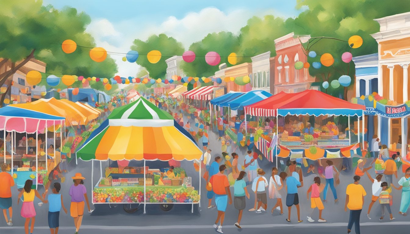 Vibrant parade floats and colorful booths line the streets at the Texas Peach Festival, showcasing the cultural impact and community spirit of the event