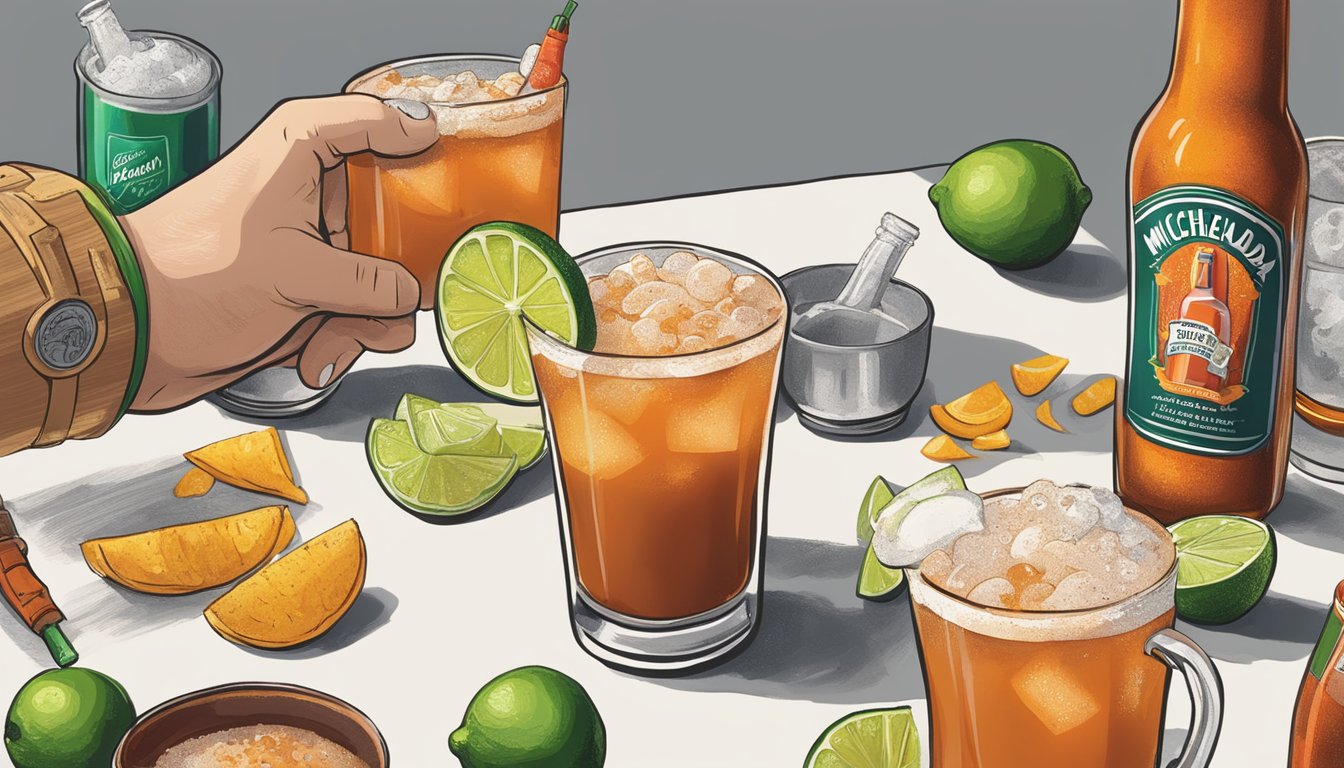 A hand reaching for a frosted glass filled with a spicy michelada, garnished with a lime wedge and a salted rim, surrounded by ingredients such as hot sauce, Worcestershire sauce, and a bottle of beer