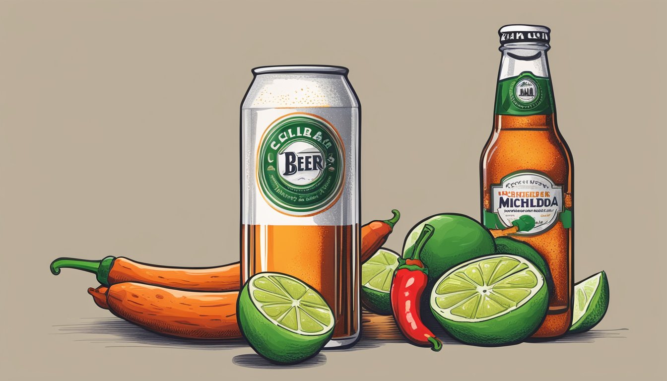 A hand reaches for a cold bottle of beer, while a spicy michelada mix sits nearby with lime wedges and chili powder