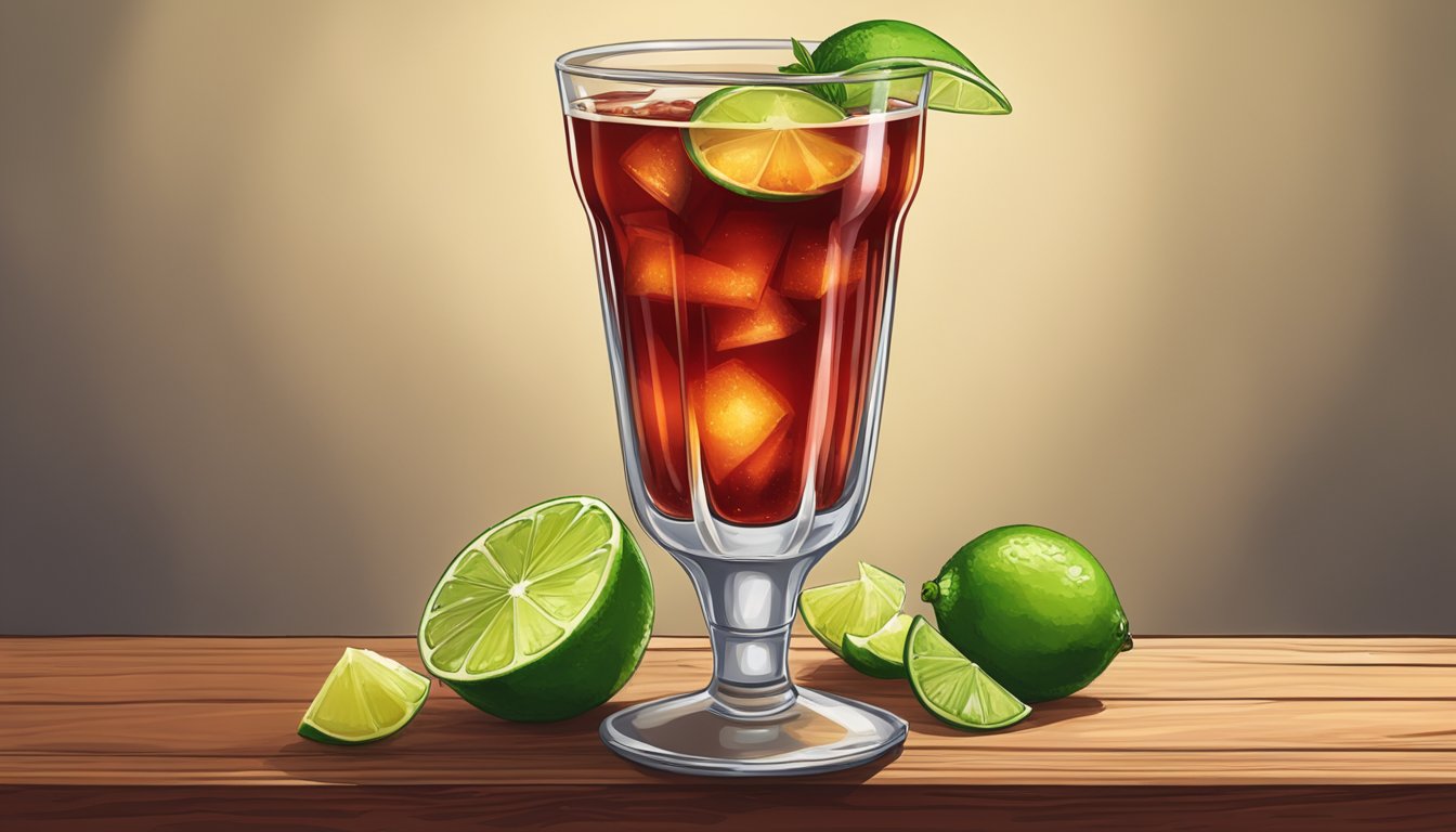 A tall glass filled with a spicy red liquid, garnished with a lime wedge and a salted rim, sitting on a rustic wooden table