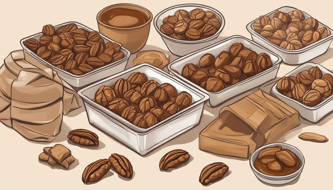 A rustic kitchen counter displays a batch of Texas pralines cooling on wax paper, surrounded by ingredients like pecans and caramel