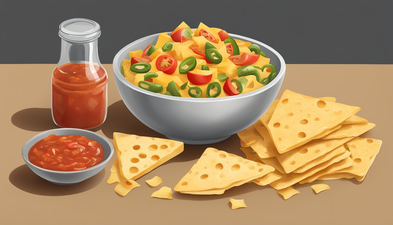 A bowl of melted cheese with diced tomatoes and green chilies, surrounded by tortilla chips and a jar of salsa