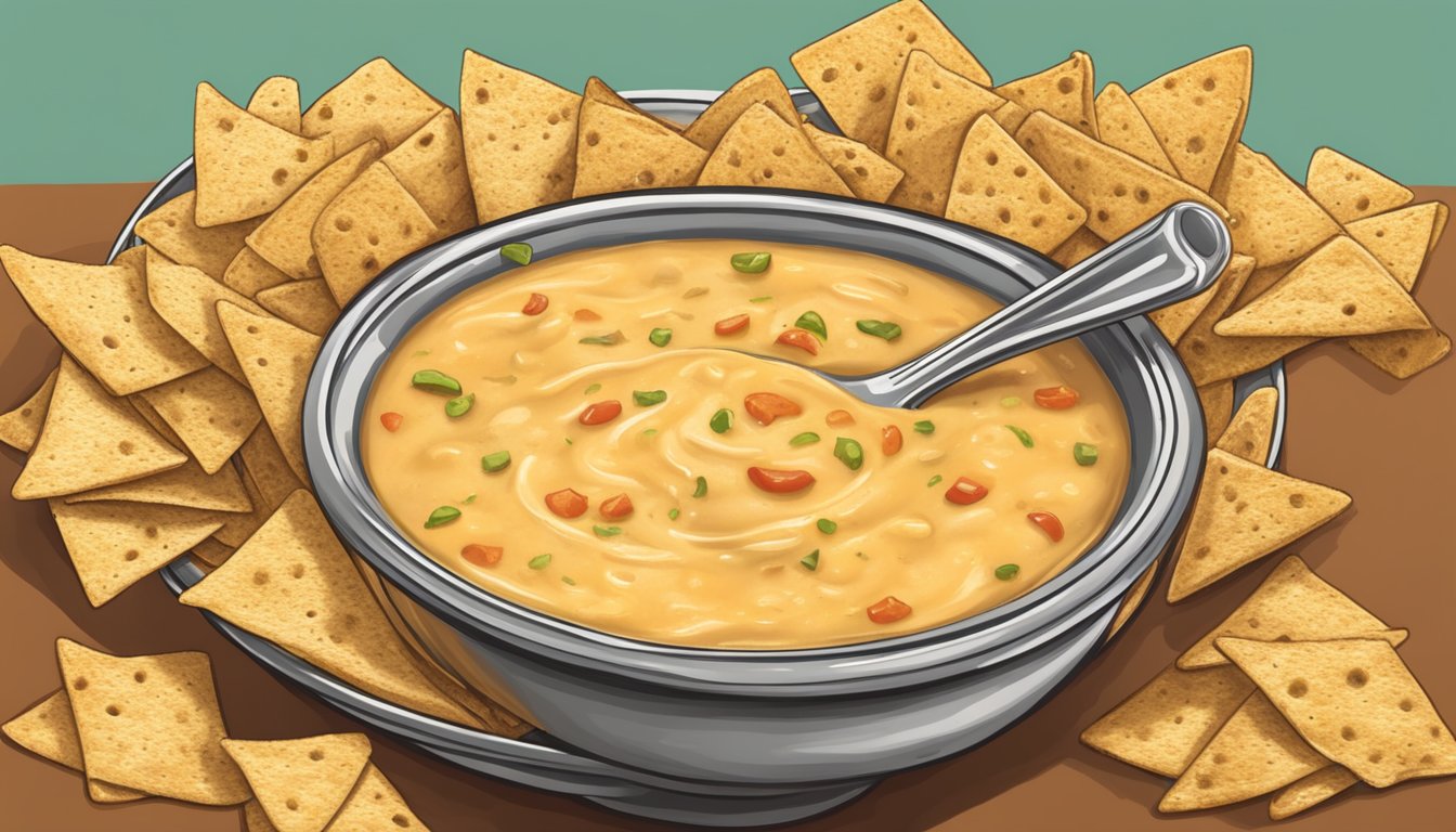 A bowl of creamy Texas queso surrounded by tortilla chips and a side of salsa