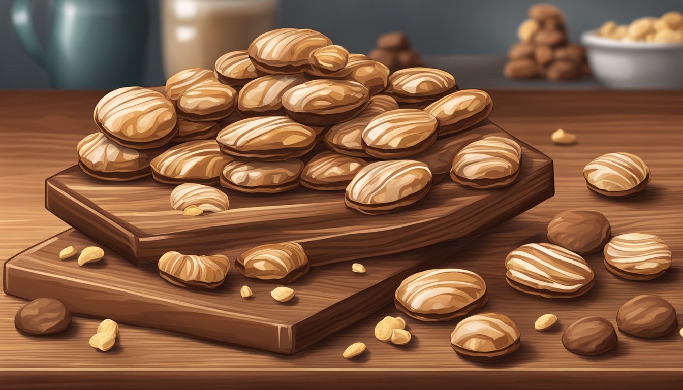 A wooden table with a pile of Texas pralines, showcasing their rough, textured surface and the crumbly consistency of the sweet treat