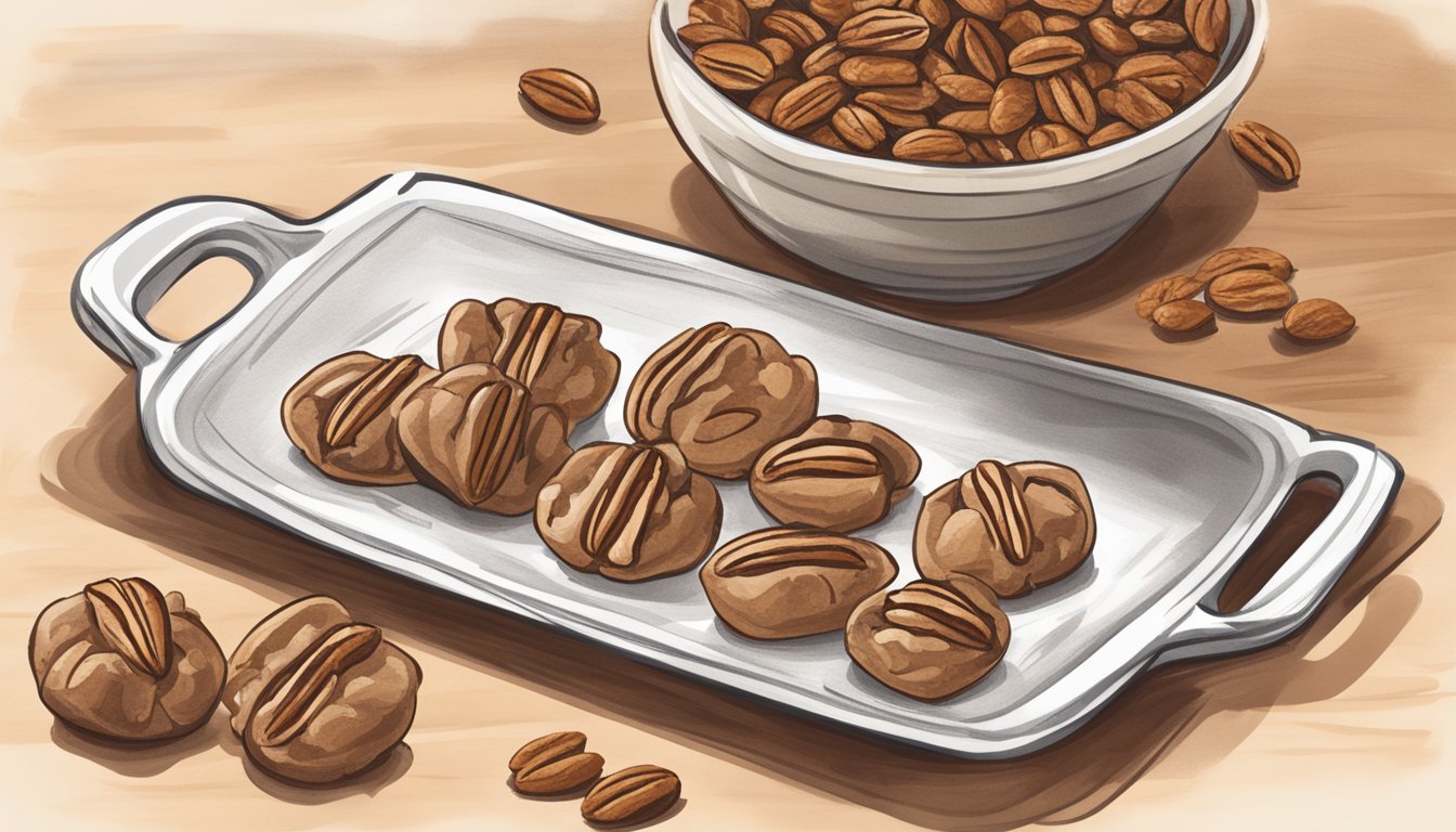 A table with a plate of Texas pralines surrounded by scattered pecans and a handwritten recipe card