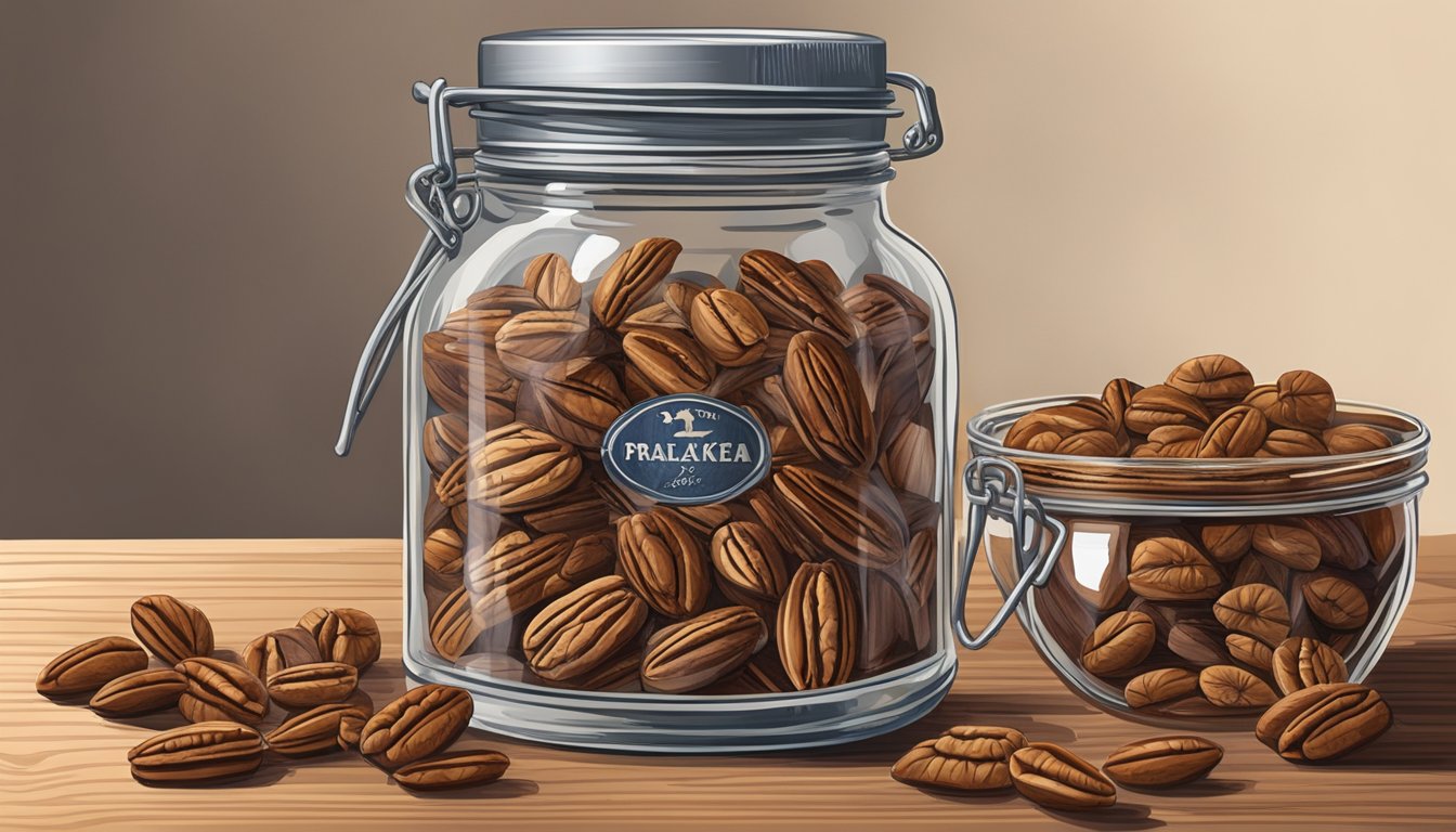 A rustic wooden table with a glass jar filled with Texas pecan pralines, surrounded by scattered pecans and a vintage nutcracker