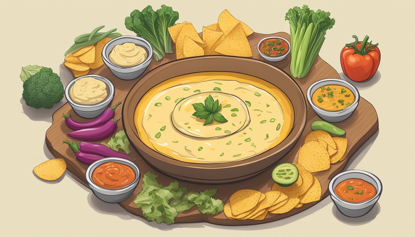 A spread of Texas queso surrounded by various dietary considerations such as gluten-free chips, fresh vegetables, and non-dairy alternatives