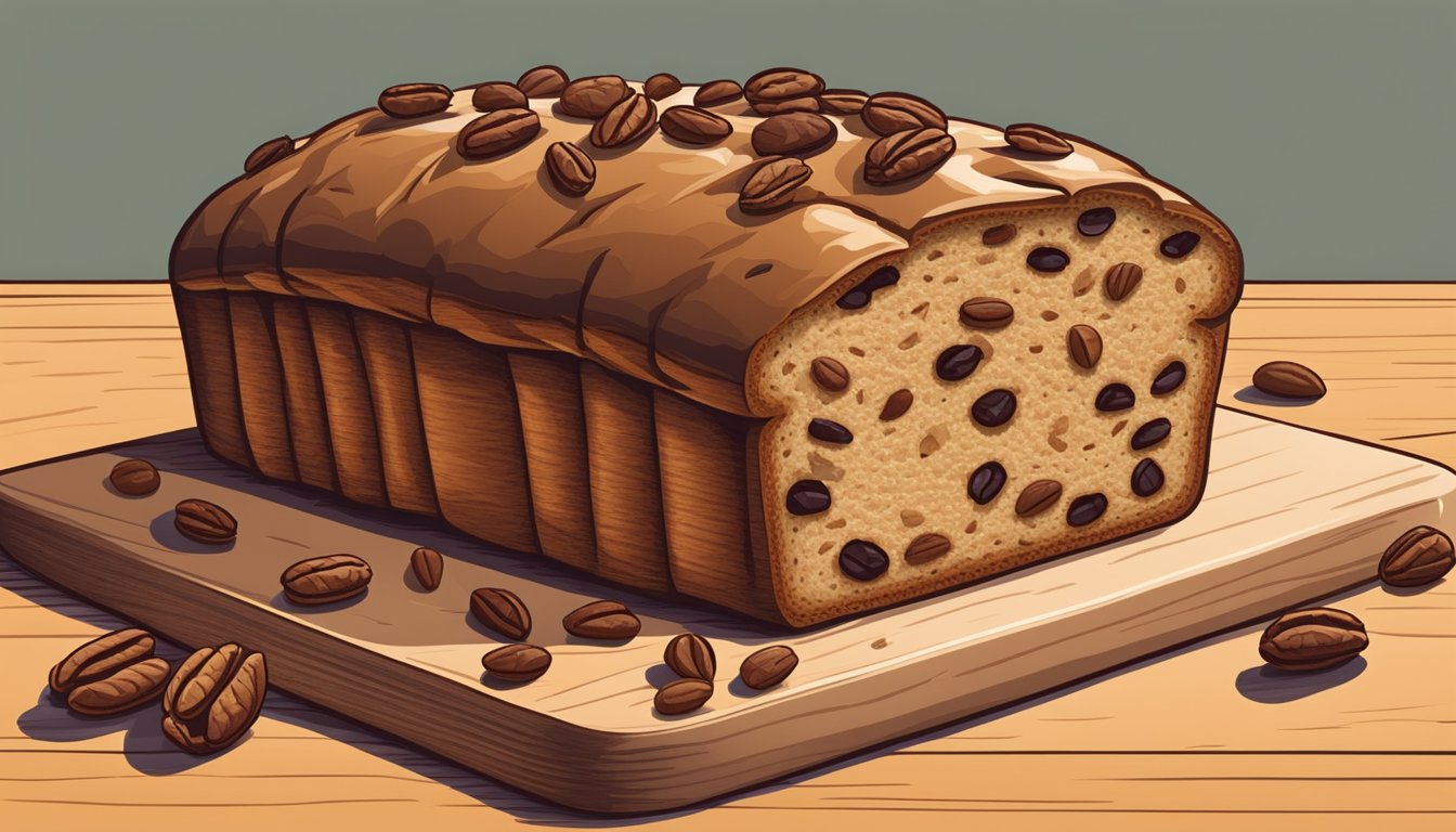 A loaf of texas pecan raisin bread surrounded by scattered pecans and raisins on a wooden cutting board