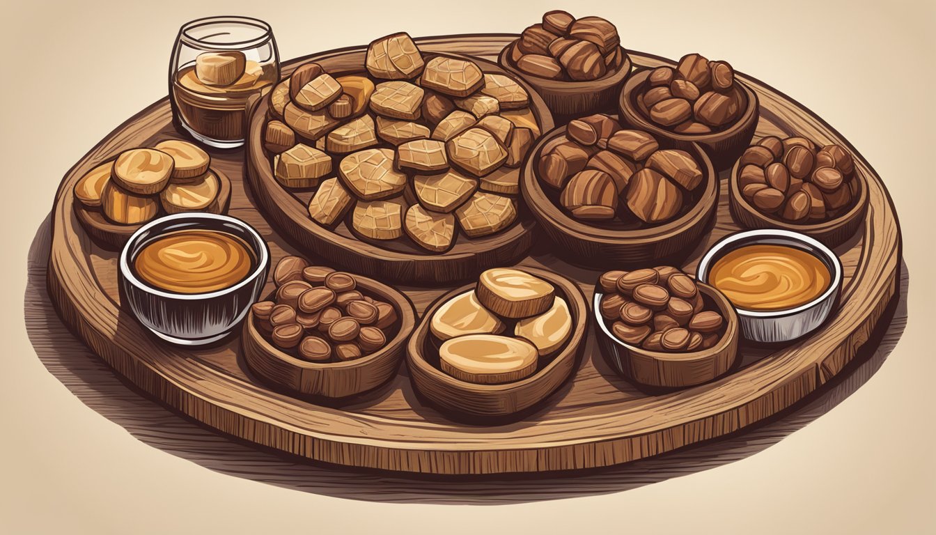 A rustic wooden table with a variety of Texas pralines arranged on a decorative platter, accompanied by small glasses of bourbon