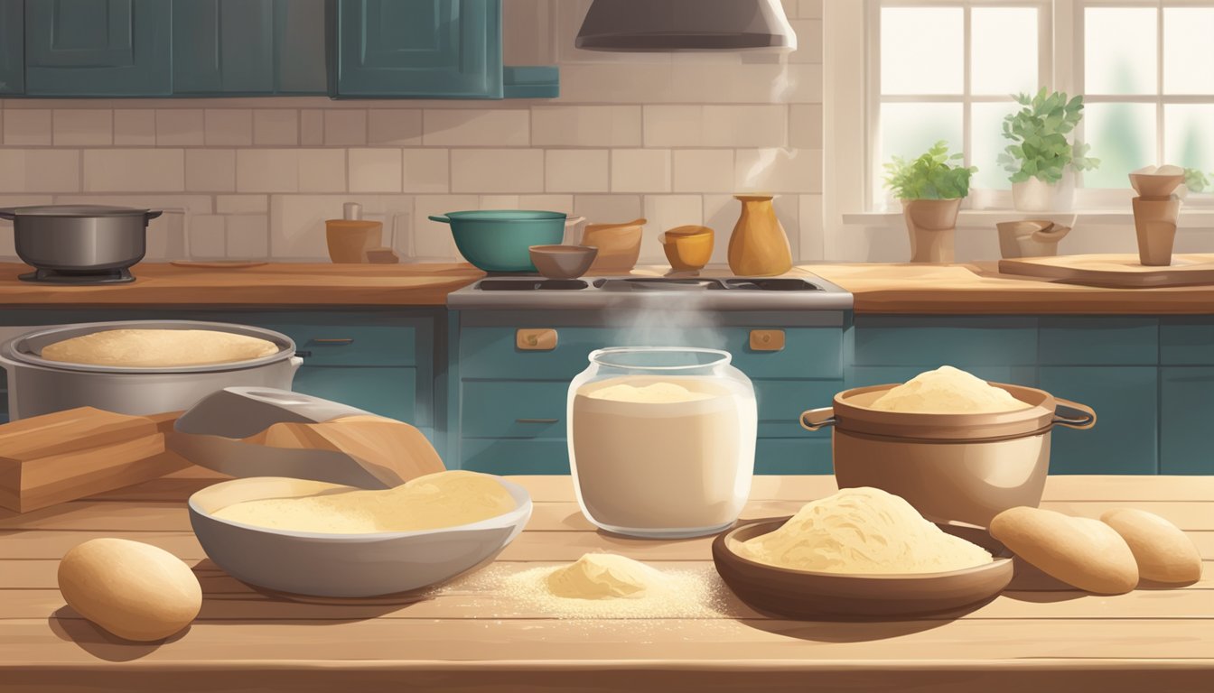 A wooden table with ingredients scattered, a mixing bowl, and a dough being kneaded. A warm oven in the background