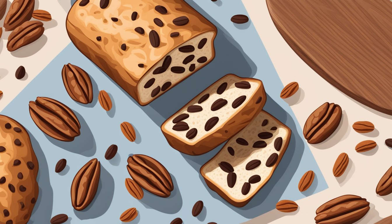 A loaf of pecan raisin bread surrounded by scattered pecans and raisins on a wooden cutting board