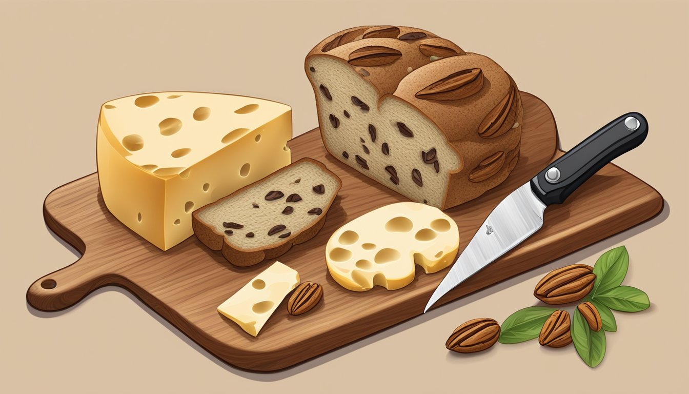 A cutting board with sliced texas pecan raisin bread, a knife, and a selection of cheeses and fruits for pairing