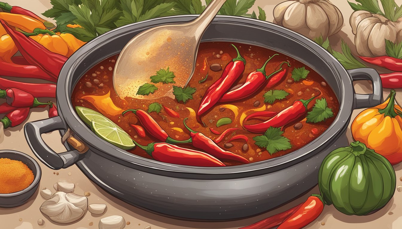 A bubbling pot of Texas red chili simmering over an open flame, surrounded by an array of colorful spices and fresh ingredients