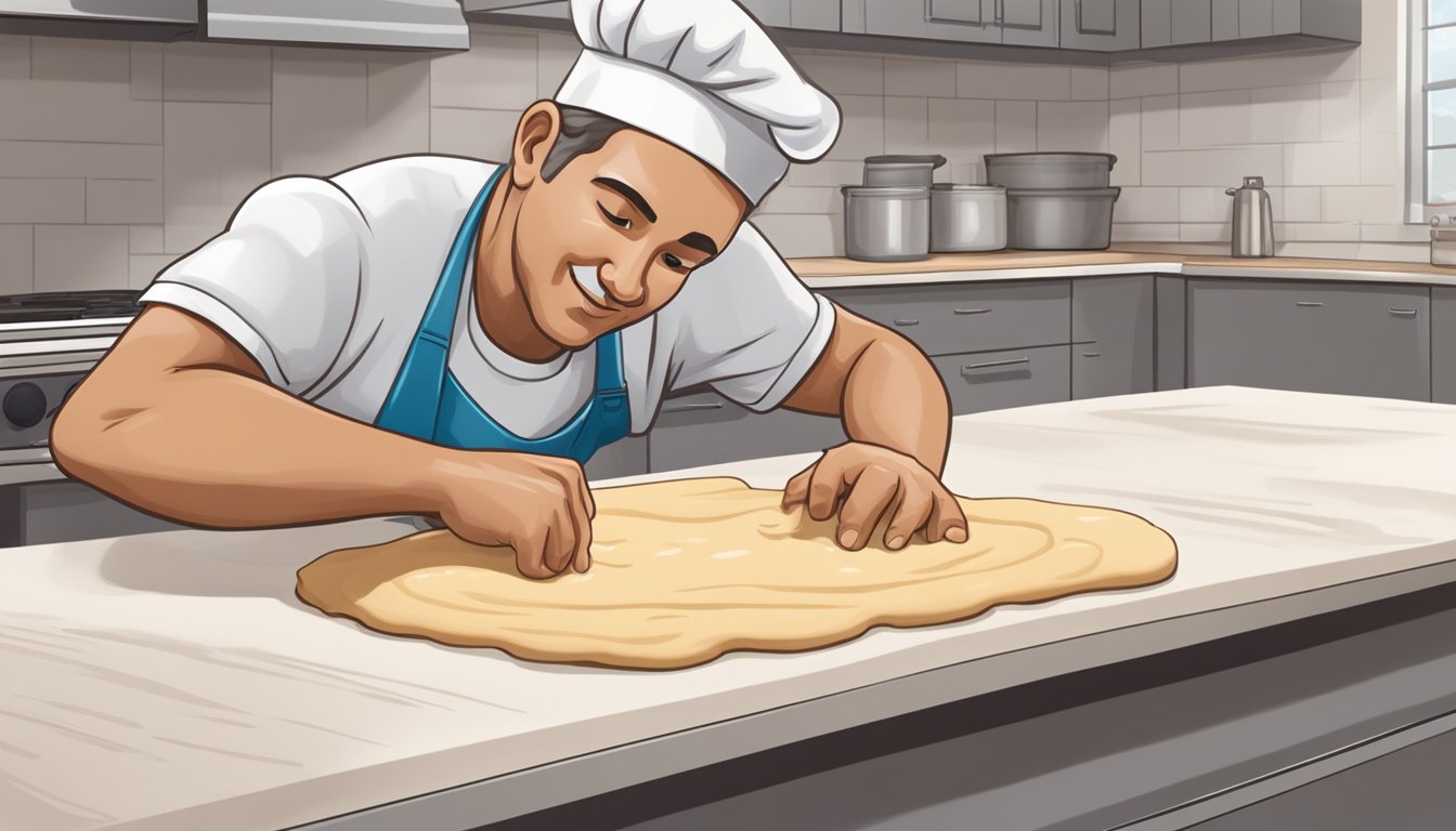 A baker kneading dough for Texas pecan raisin bread on a floured countertop