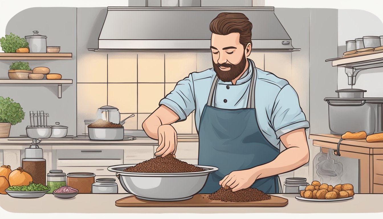 A chef mixing ground beef, onions, breadcrumbs, and spices in a large bowl, preparing the meatloaf mixture for smoking