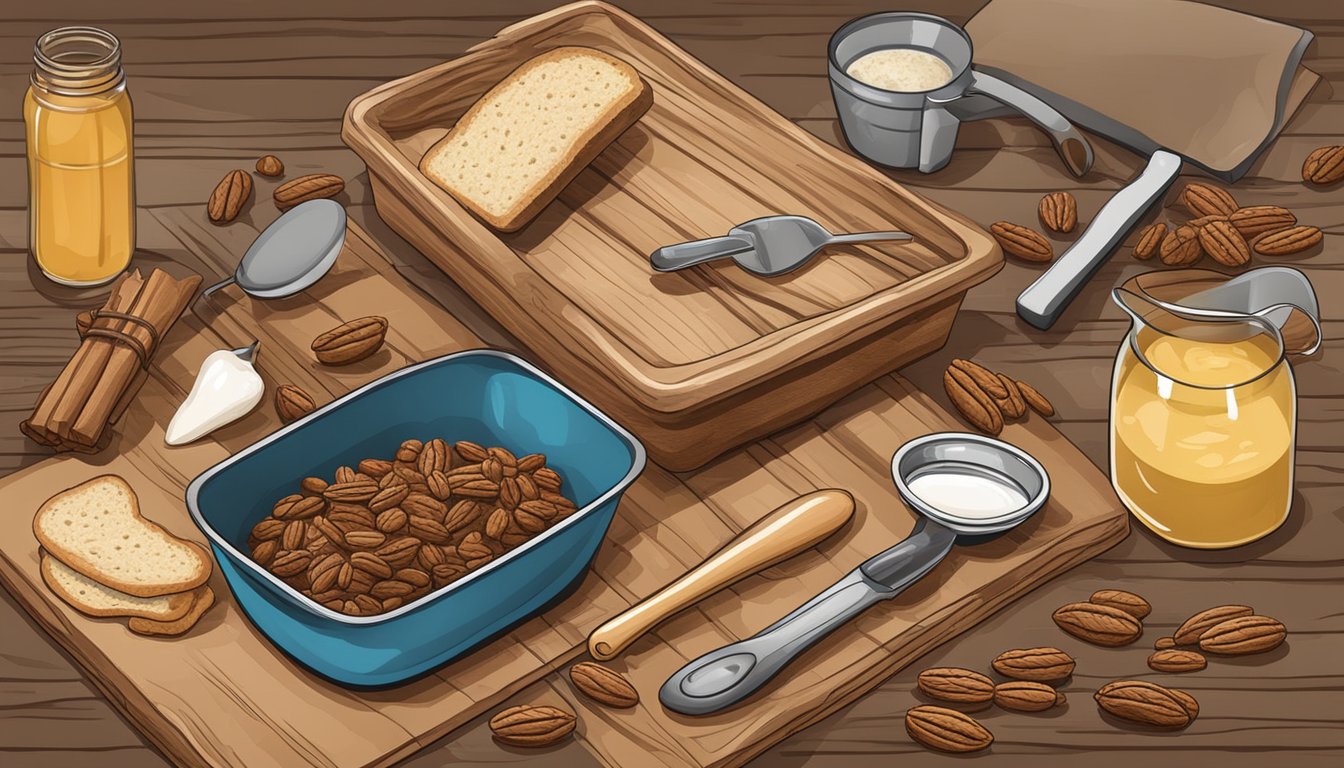 A rustic kitchen counter with ingredients and utensils for making Texas pecan raisin bread