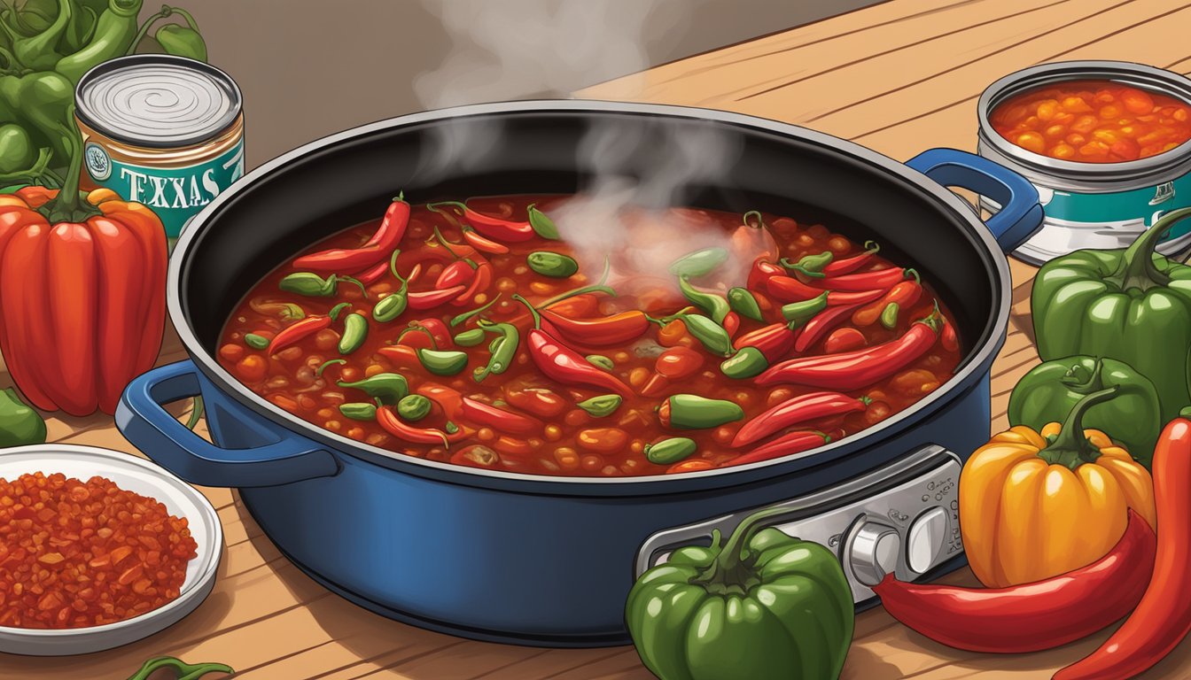 A steaming pot of Texas red chili simmering on a stovetop, surrounded by vibrant chili peppers, diced onions, and cans of tomatoes