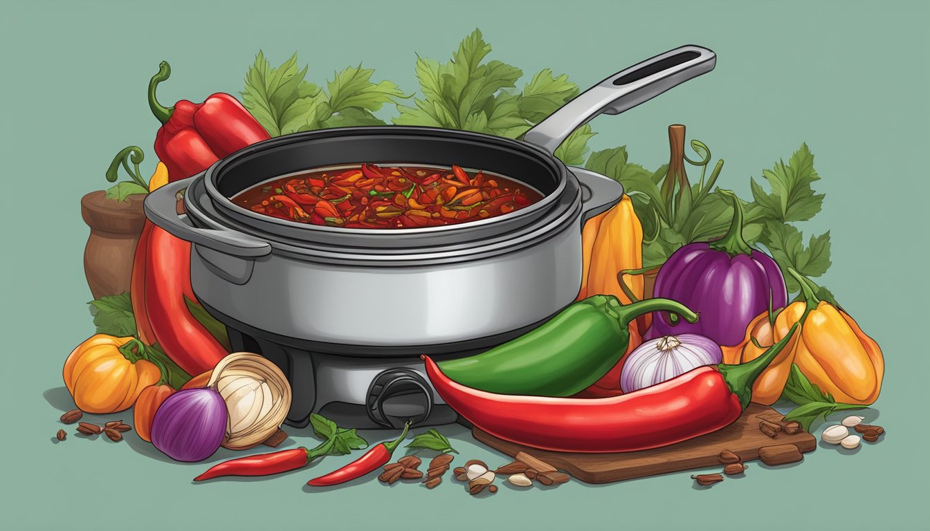 A steaming pot of Texas red chili simmering on a stovetop, surrounded by vibrant chili peppers, onions, and spices