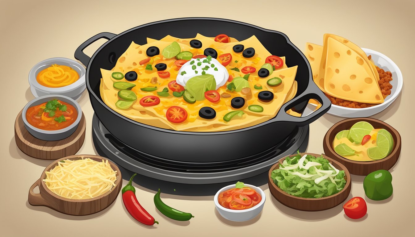 A sizzling skillet with melted cheese, folded tortillas, and savory fillings, surrounded by colorful ingredients and traditional Tex-Mex spices