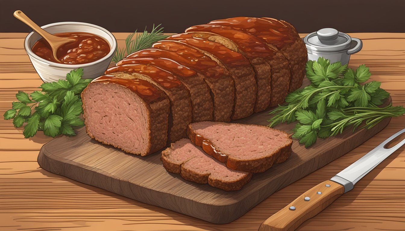 A rustic wooden cutting board holds a perfectly sliced Texas smoked meatloaf, garnished with fresh herbs and accompanied by a side of tangy barbecue sauce