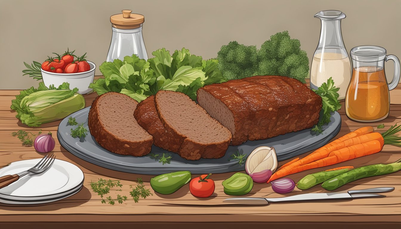 A rustic wooden table set with a platter of perfectly smoked meatloaf, surrounded by fresh vegetables and herbs