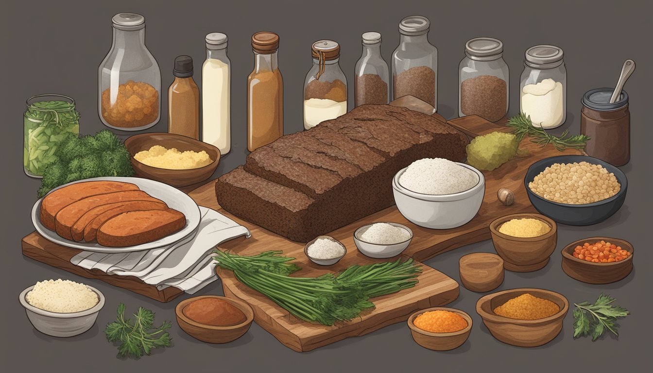 A rustic kitchen counter with various alternative ingredients and substitutions for Texas smoked meatloaf mastery