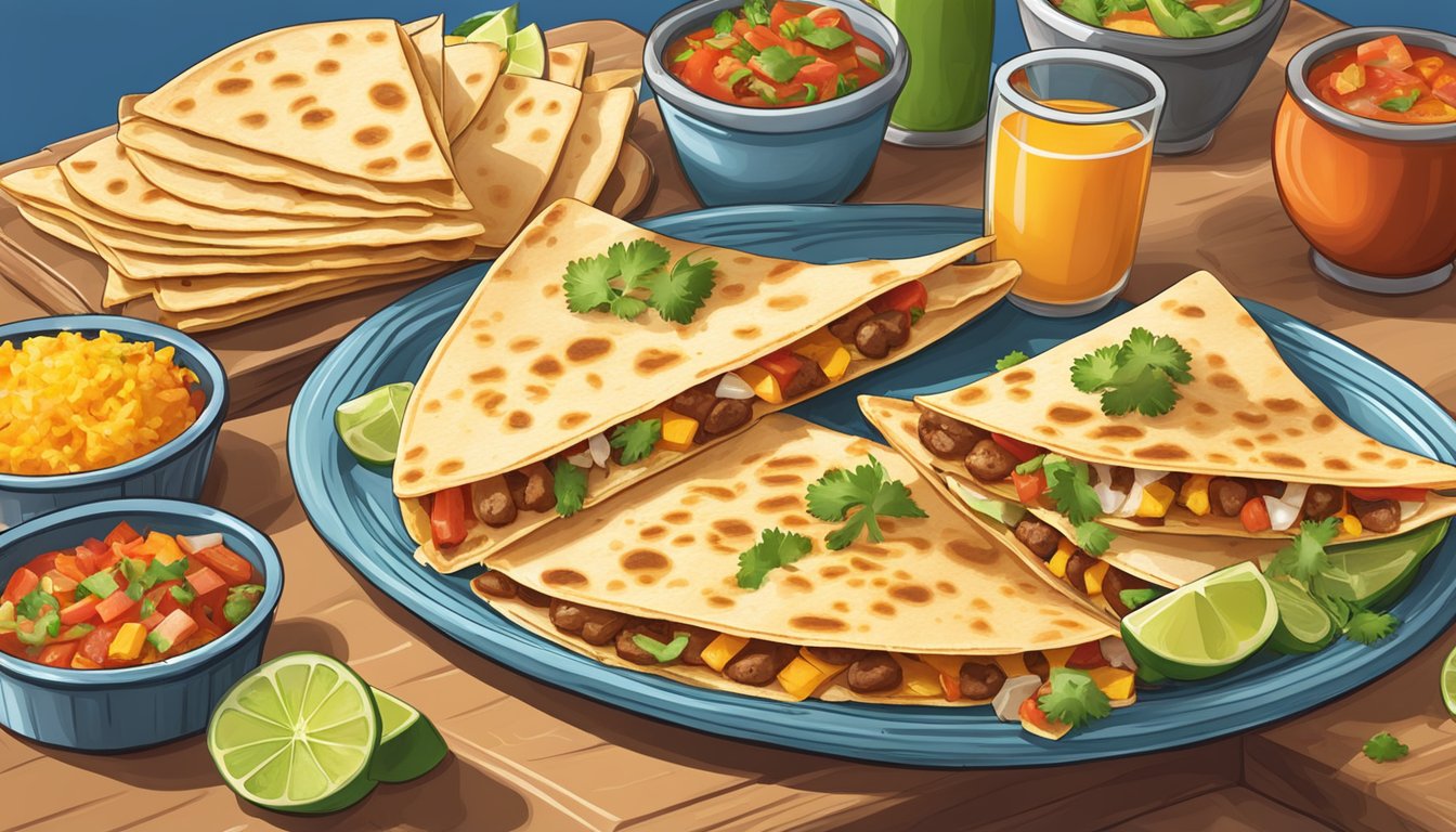 A platter of sizzling Texas quesadillas with colorful garnishes